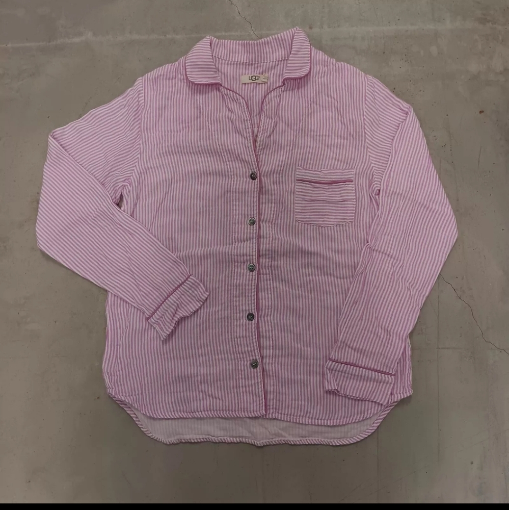Ugg Pajama Top Striped White Pink Windowpane Long Sleeve Button Front Women's M